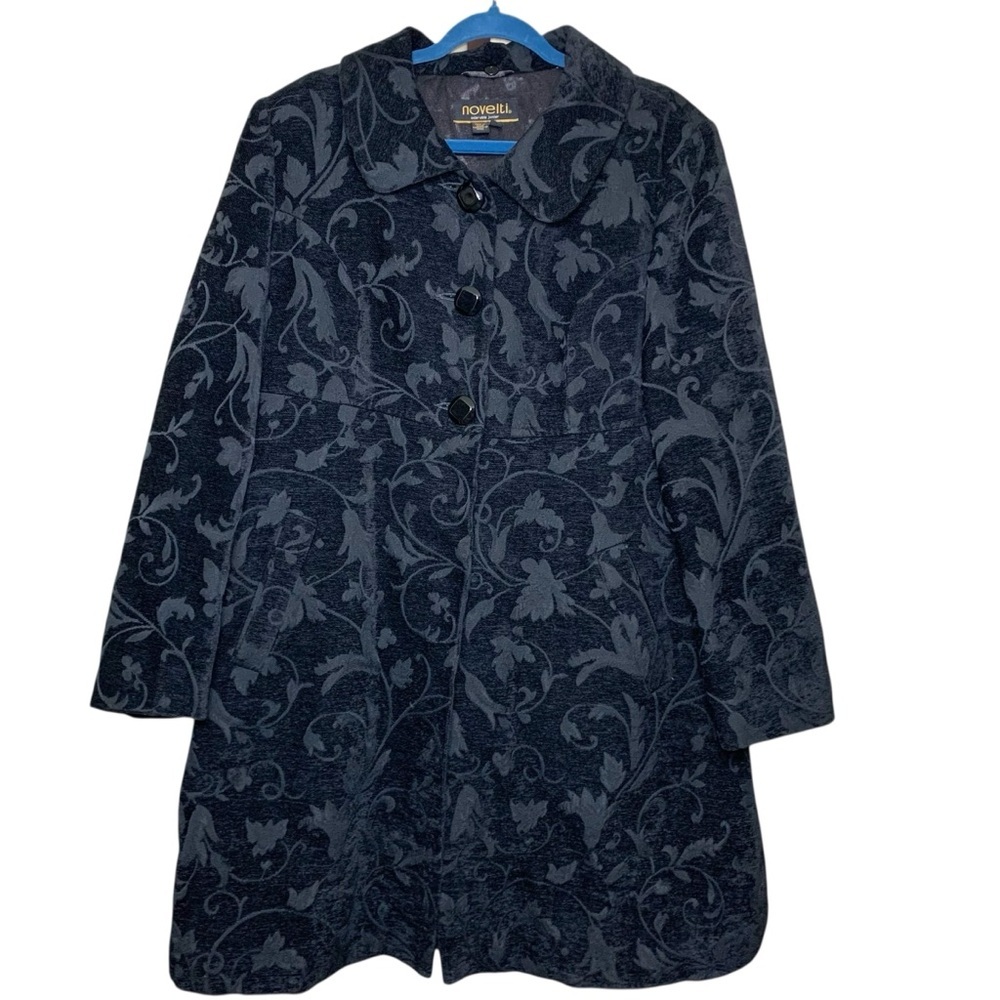Vintage Black Velvet Jacket Baroque Floral 13/14 Button Front Mid Length Trench - Picture 2 of 15